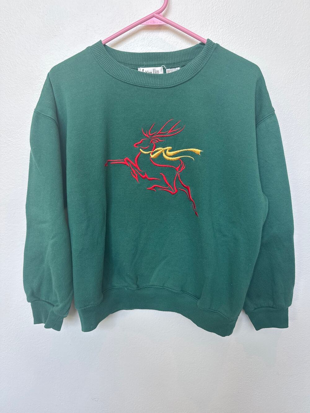 Ashley Hill VTG Christmas Reindeer Holiday Green Crewneck Sweatshirt M